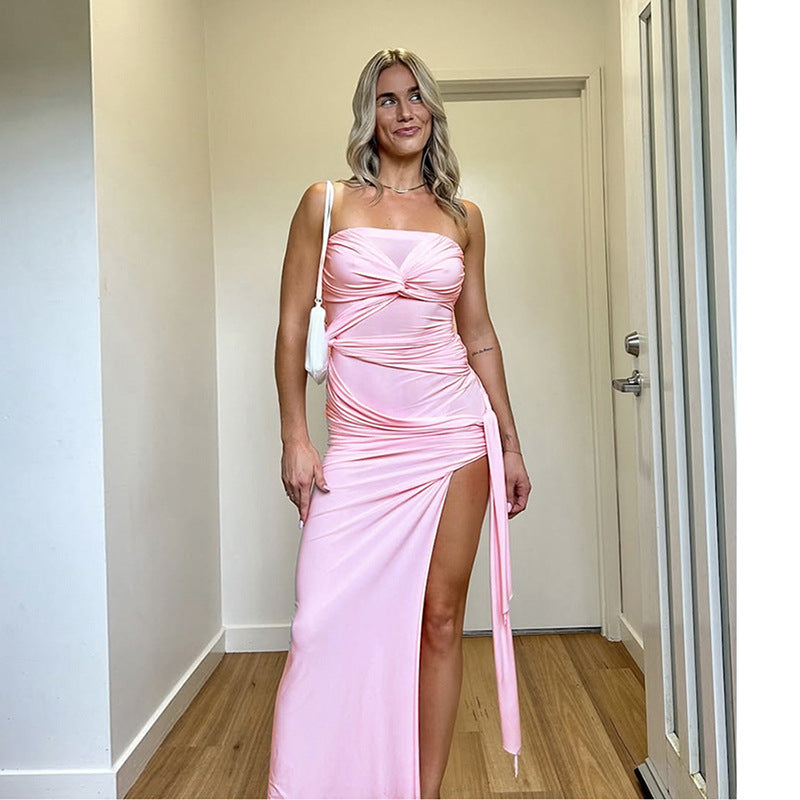 Twisted Backless Side Slit Tube Top Solid Color Dress