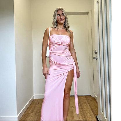 Twisted Backless Side Slit Tube Top Solid Color Dress