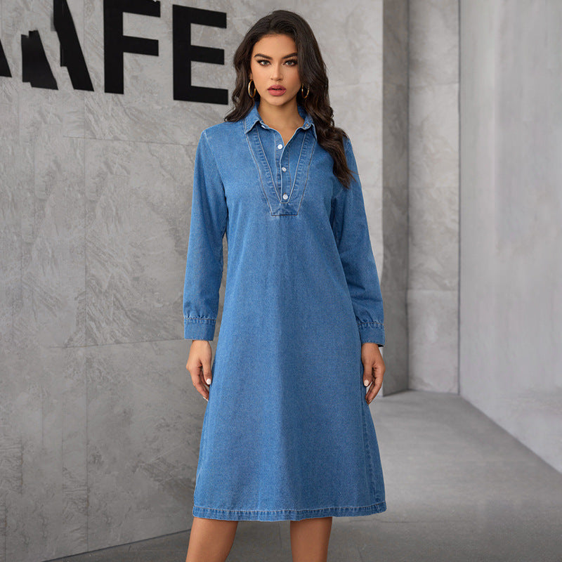Chinese StCollar Elegant Graceful Retro Long Sleeve Denim Midi Dress