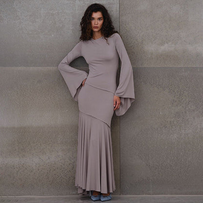 Solid Color Bell Sleeve Waist Tight Elegant Fishtail Dress
