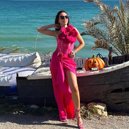 Rose Flame One-Shoulder Swimsuit Set - Rose Red