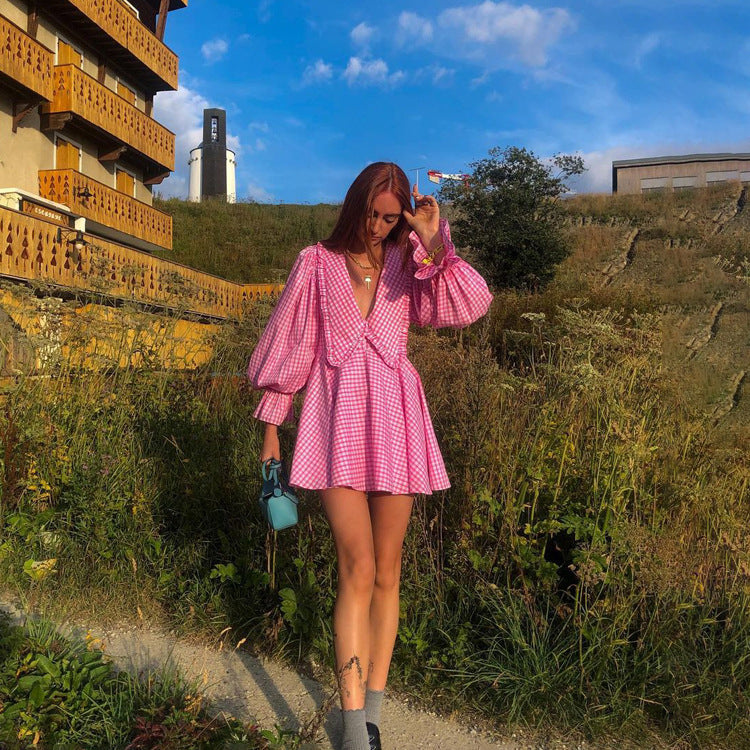 Pink Plaid Doll Collar Long Sleeve Dress GracefulA line Dress