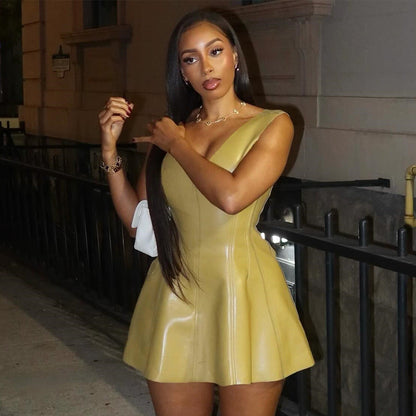 Faux Leather U Collar Sleeveless Patchwork Personality Dress