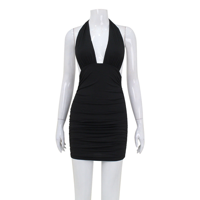 V neck Halter Backless Dress Elegant Pure Hip
