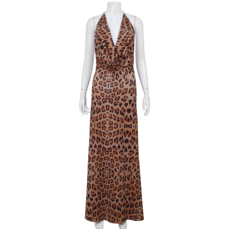 V neck Halter Bare Back Leopard Print Dress Slim Elegant Dress
