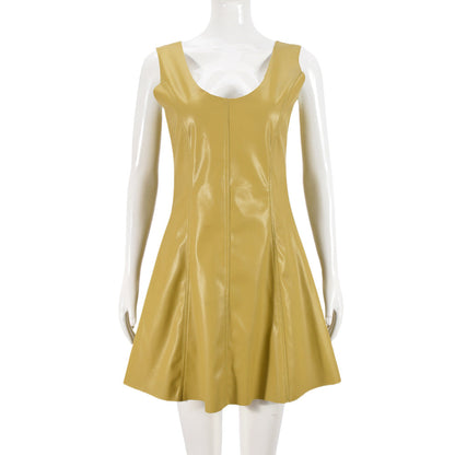 Faux Leather U Collar Sleeveless Patchwork Personality Dress