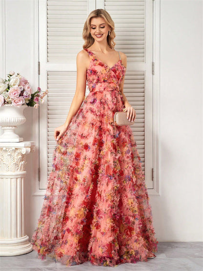 V neck Strap Floral Elegant Prom Evening Dress Party Dress
