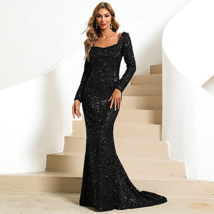 Fishtail Off Neck Long Sleeved Dress Mid Length Wedding Toast Dress Black Evening