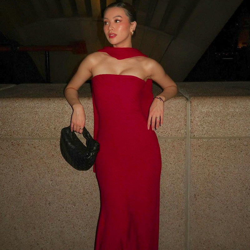 Fall Elegant Close Fitting Waist Mid Length Wrapped Chest Fish Hem Pattern Bottom Shawl Dress