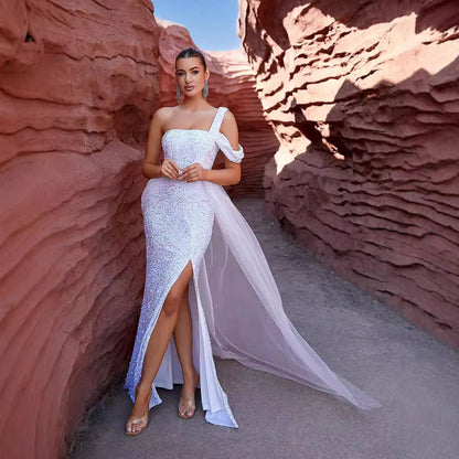 Tube Top Irregular Asymmetric White Mesh Sequ Dress