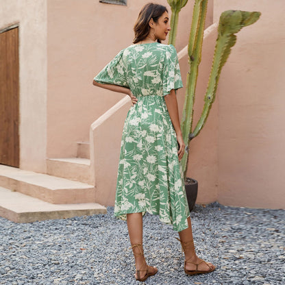 Printed V neck Short Sleeve Waist Controlled Dress Bohemian Holiday Party Beach Dress