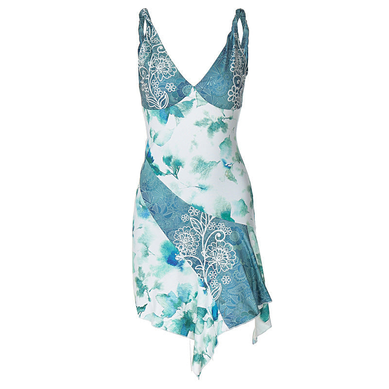 V neck Twist Spaghetti Strap Floral Print Dress Short