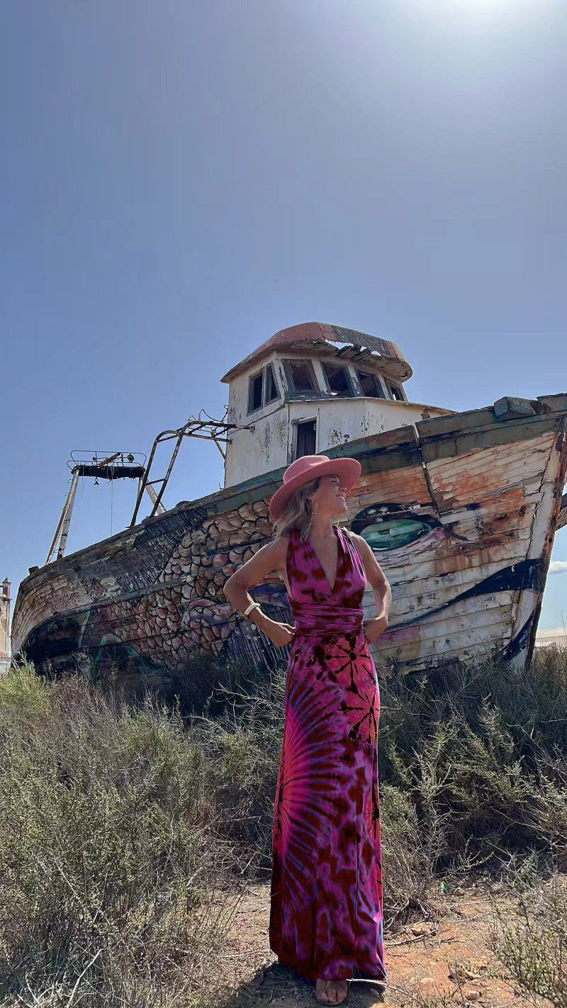 Printed Sleeveless V neck A line Dress