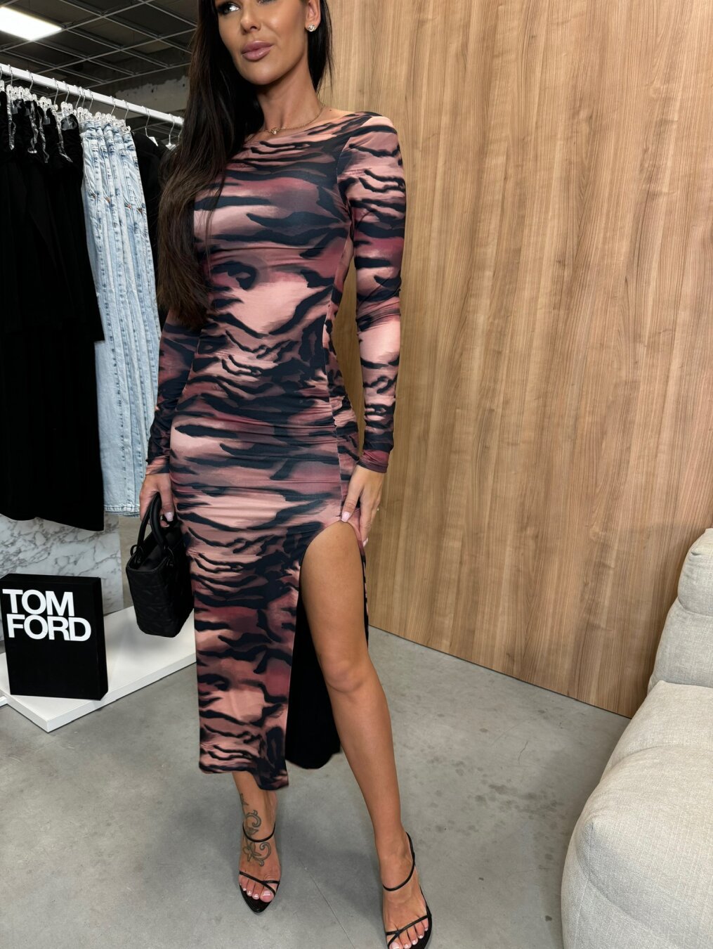 Slim round Neck Floral Print Slit Long Sleeve Dress Mid Length Hip Dress