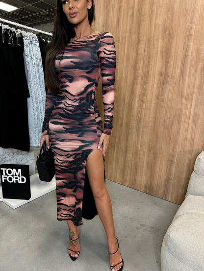 Slim round Neck Floral Print Slit Long Sleeve Dress Mid Length Hip Dress