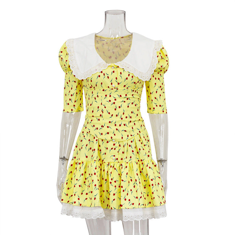 Peter Pan Collar Short Sleeve Floral Dress GracefulTight Waist Petti dress