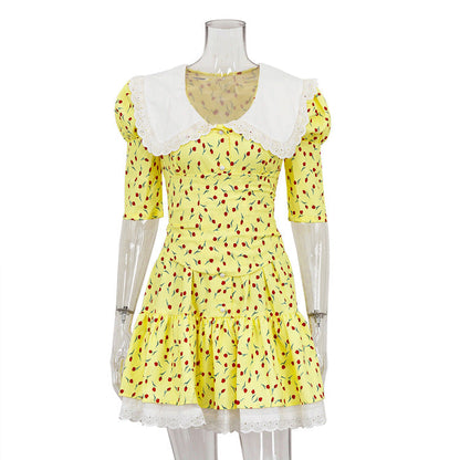 Peter Pan Collar Short Sleeve Floral Dress GracefulTight Waist Petti dress
