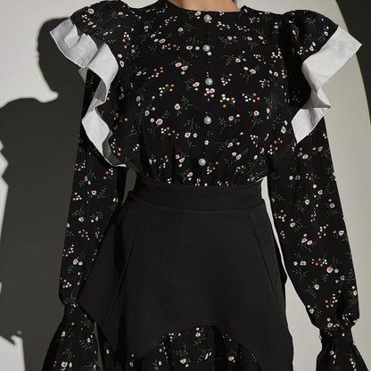 French Design Long Sleeve Dress Detachable Waist Seal Casual Floral Dress