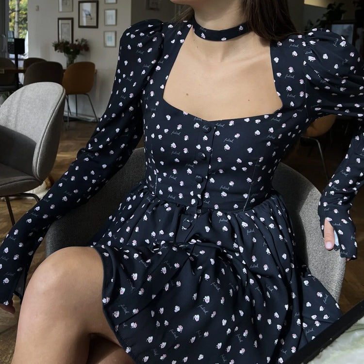 Tea Break French Dress Collar Square Collar Long Sleeve Printing Casual A line Dress