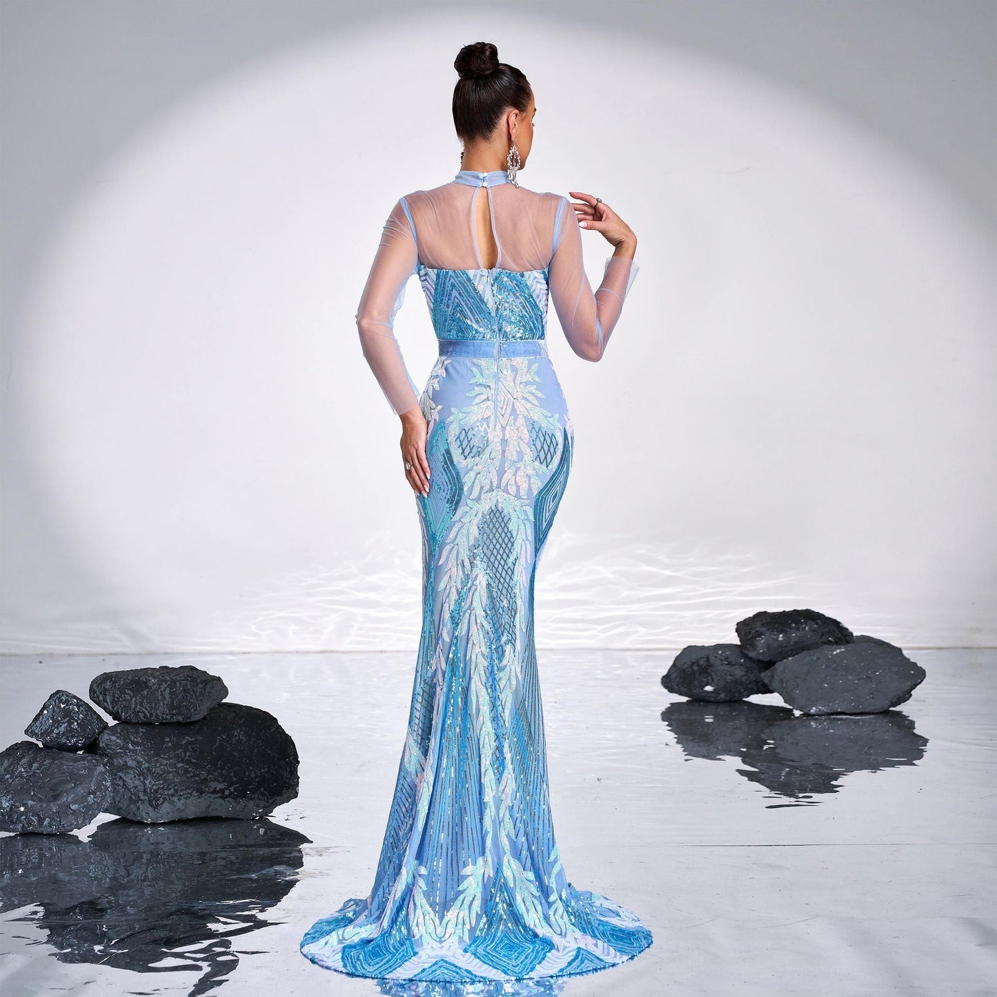 High End Long Sleeve Crew Neck Mesh Sequ Cocktail Long Evening