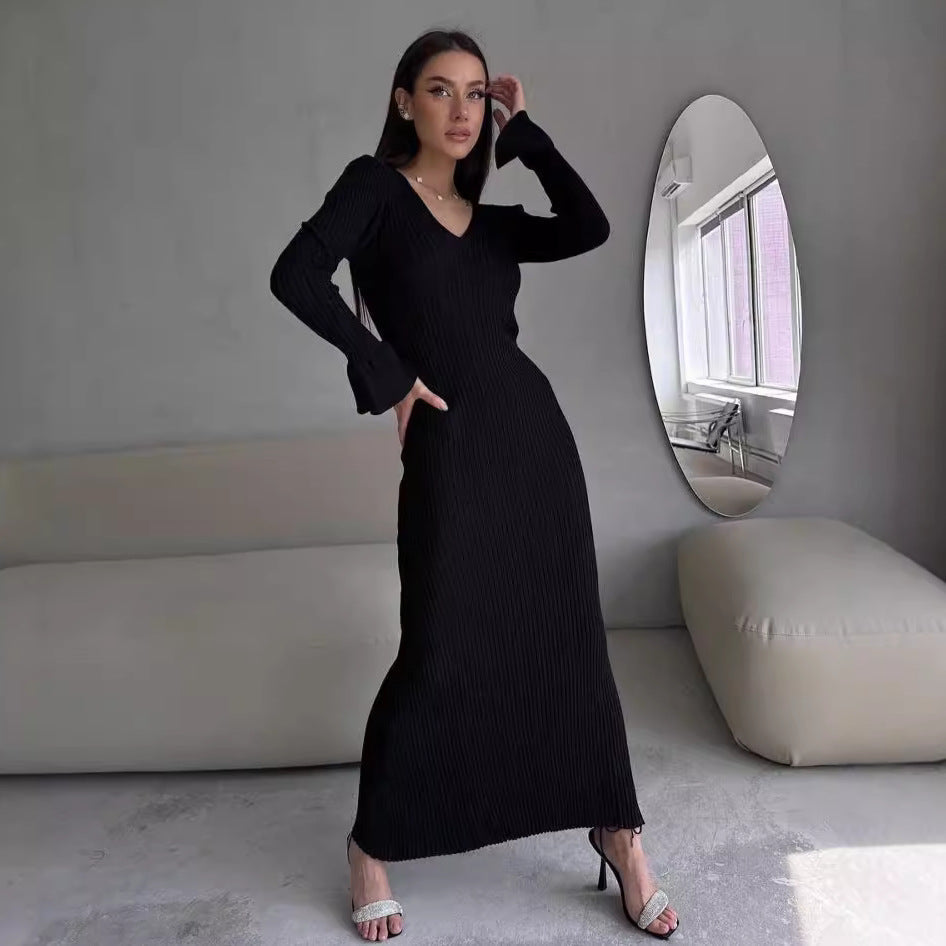 Long Sleeve V neck Tight Knitted Dress Solid Color Rib Fabric Wool Long  Dress