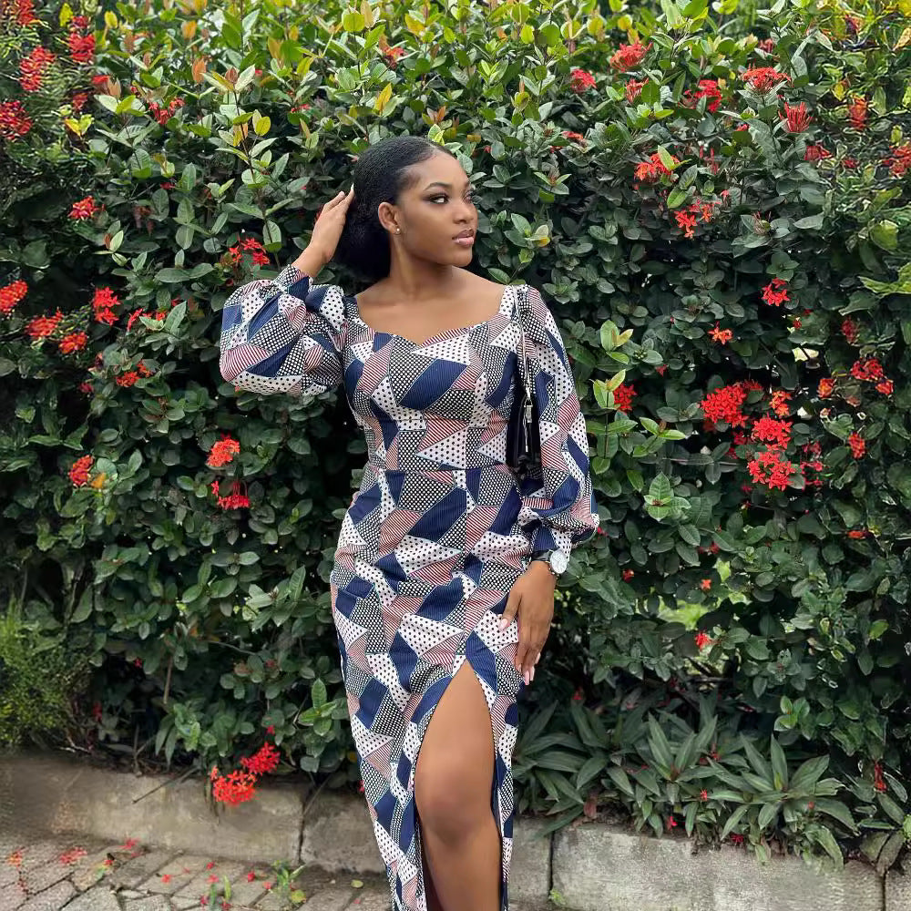 Blue Printed Plaid Simple Long Sleeve Slit Dress