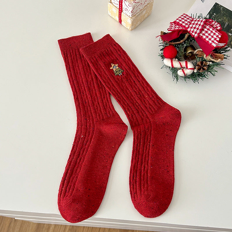 Cable Embroidered Mid Calf Christmas Socks