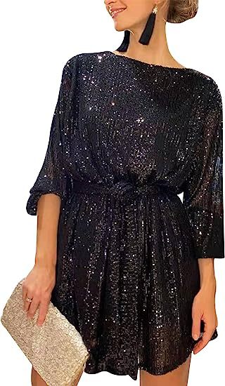 Sequined Round Neck Long Sleeve Casual Loose Beaded Dress