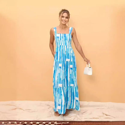 Sweet Striped Printed off Neck Lace up Dress