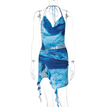 Printing Backless Lace up Dress