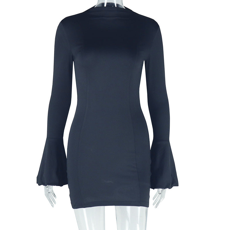 Short Dress round Neck Long Sleeve Long Sleeved Slim Fit Short Hip Pullover Dress