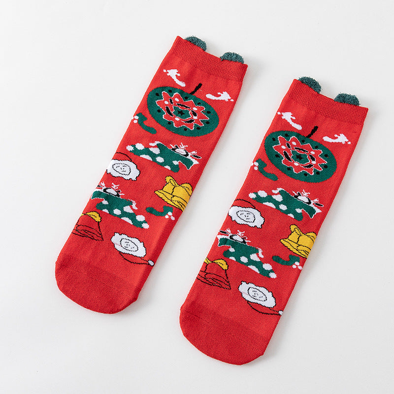 Cute Cartoon 3D Ear Red Mid Calf Christmas Socks