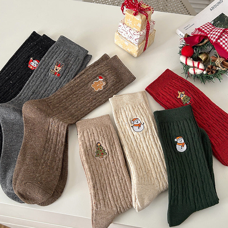 Cable Embroidered Mid Calf Christmas Socks