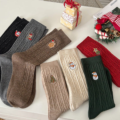 Cable Embroidered Mid Calf Christmas Socks