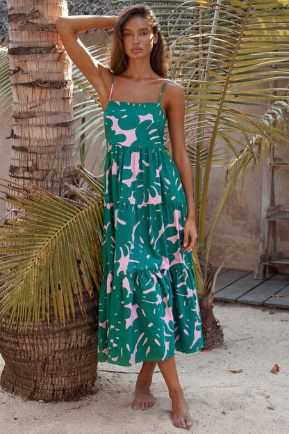 Sling Backless Plant Floral Print Maxi Dress