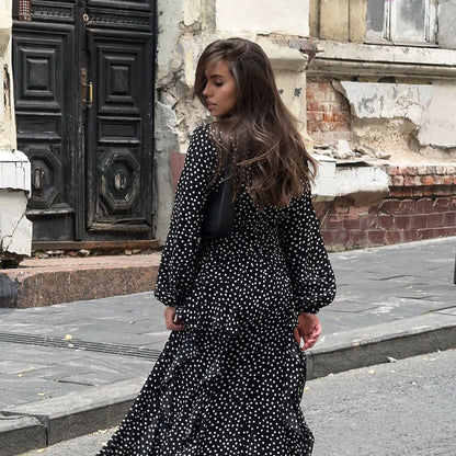 Retro V neck Puff Sleeve Polka Dot All Matching Long Sleeve Ruffled Elegant Slim Fit Slimming