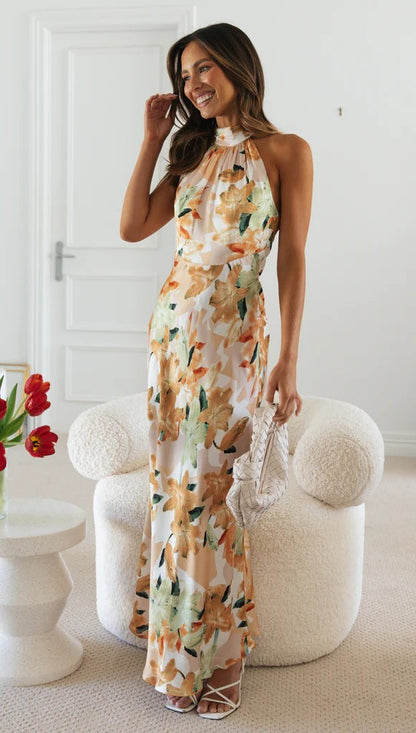 Years Personality Bandage Halter Lace up Backless Print Maxi Dress