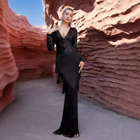Long Sleeve Black Tassel Dinner Sequ Dress