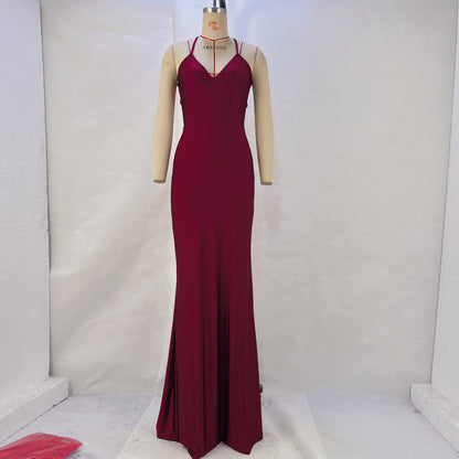 Solid Color Backless Hip Slimming Long Strap Dress