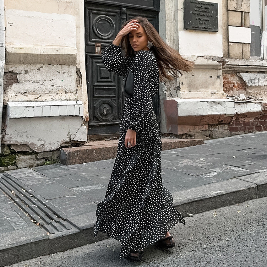 Retro V neck Puff Sleeve Polka Dot All Matching Long Sleeve Ruffled Elegant Slim Fit Slimming