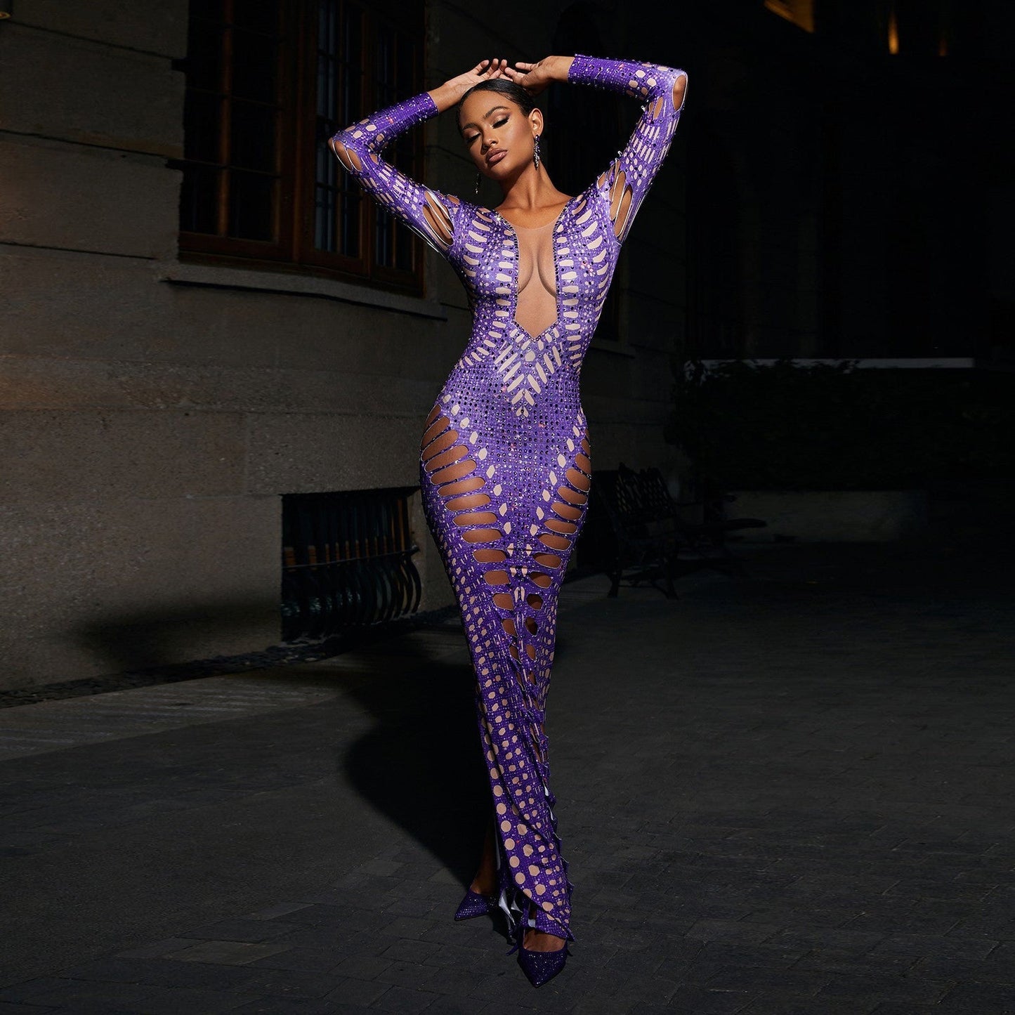 Ripped Skinny Sheath Dress Rhinestone Printed Dress