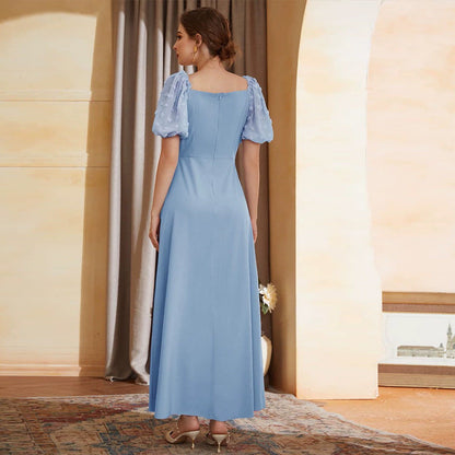 Dress Applique Embroidered Blue High Waist Short Sleeve Puff Sleeve Maxi Dress Summer