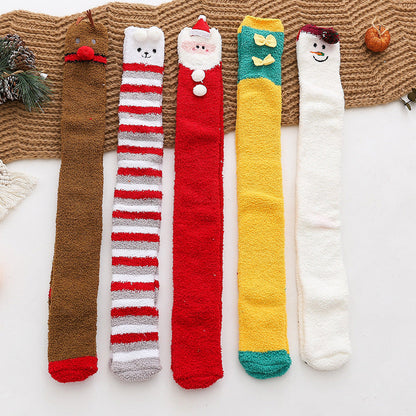 Plush Coral Fleece Cartoon Knee High Christmas Socks