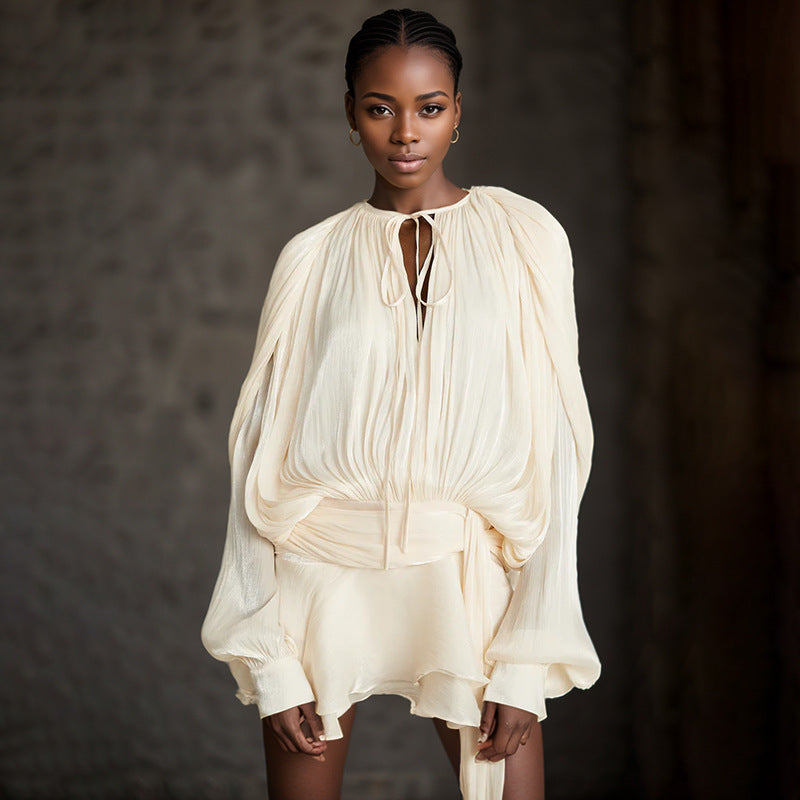 Puff Sleeve Lotus Leaf Skirt Early Pleated Design Short Mesh