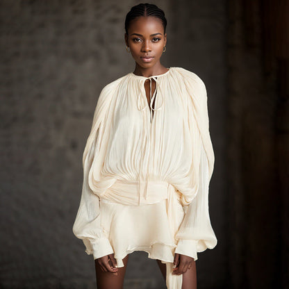 Puff Sleeve Lotus Leaf Skirt Early Pleated Design Short Mesh