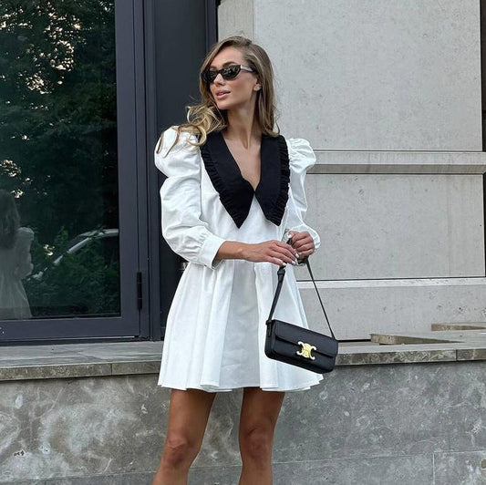 French Black White Contrast Color Doll Collar Short Elegant Pleated A line Dress