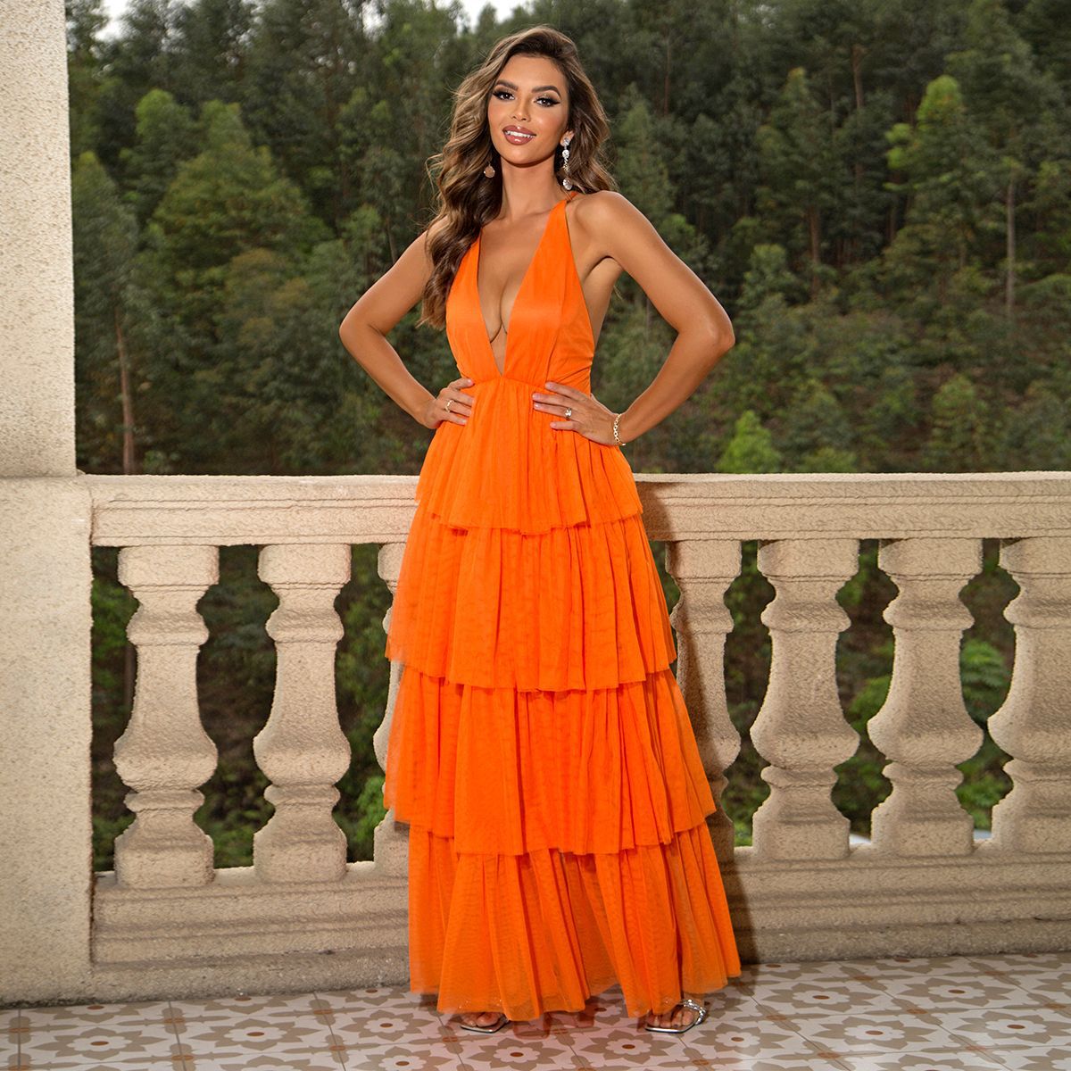 Long V neck Plush Collar Backless Hem Mesh Pleats Backless Cami Dress