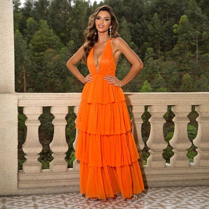 Long V neck Plush Collar Backless Hem Mesh Pleats Backless Cami Dress