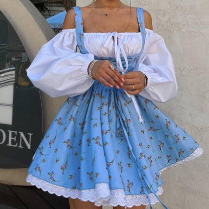 Bubble Sleeve Strap Tube Top Faux Two Piece French Dress Floral Cami Dress