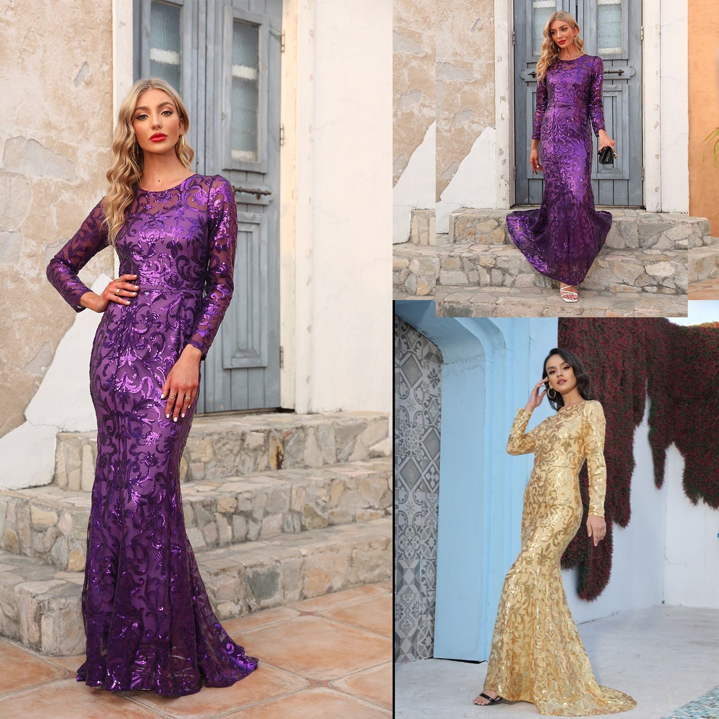 Sequined Dress Purple Crew-Neck Long Evening Dress Long Sleeve Dress
